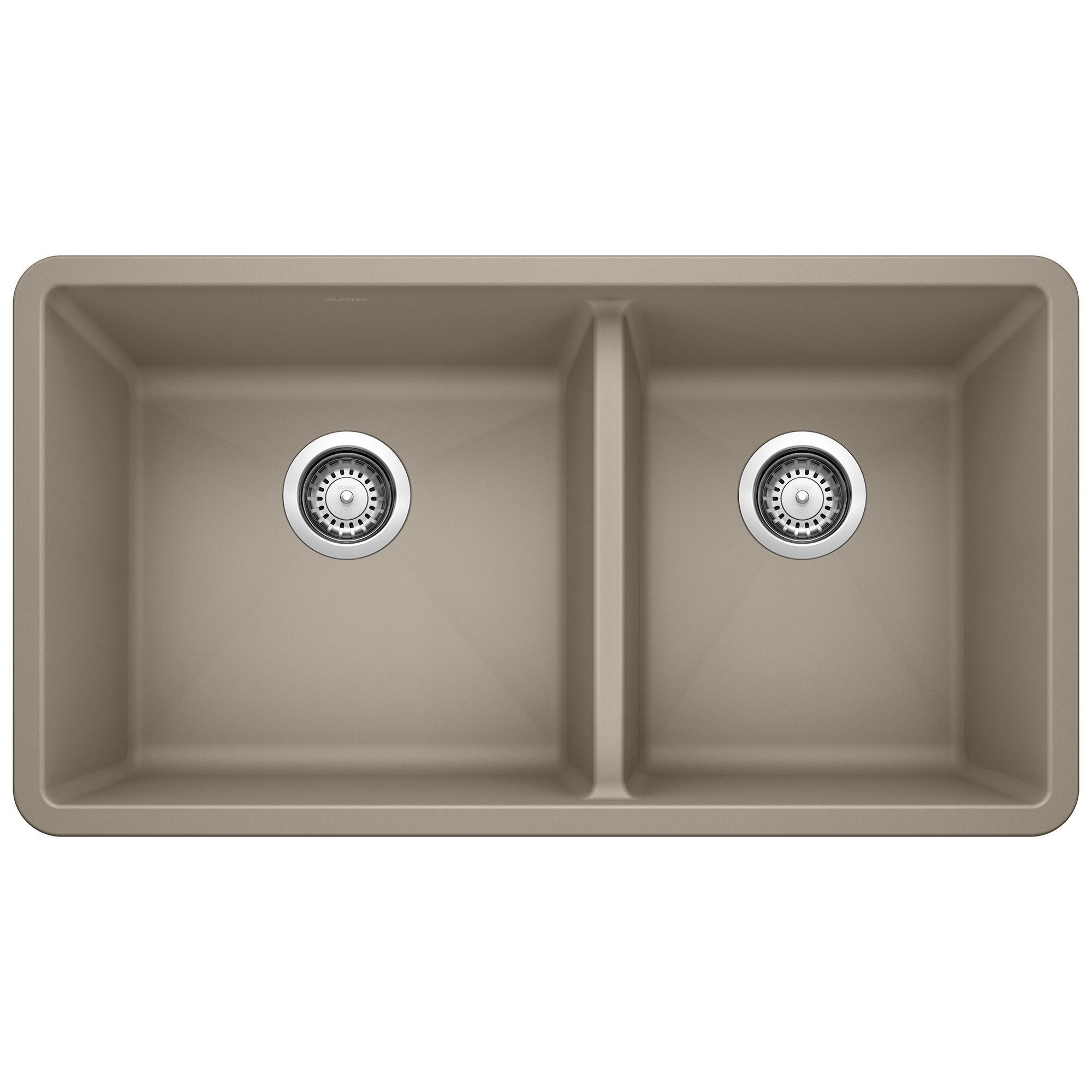 Blanco 441296 PRECIS™ SILGRANIT® II 1-3/4 Bowl Composite Sink, Truffle, Rectangle Shape, 17 in Left, 13 in Right L x 16 in Left, 16 in Right W x 9-1/2 in Left, 9-1/2 in Right D Bowl, 33 in L x 18 in W, Granite