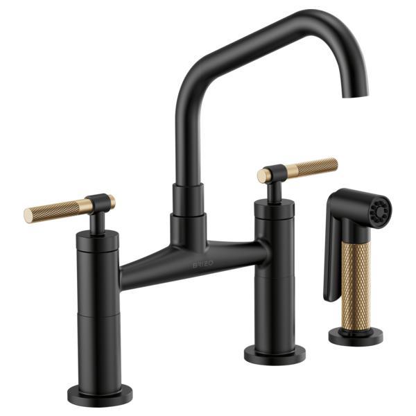 Brizo® 62563LF-BLGL Litze™ Widespread Bridge Kitchen Faucet With Matching Side Spray, 1.8 gpm Flow Rate, 8 in Center, Angled Spout, Matte Black/Luxe Gold, 2 Handles, Domestic