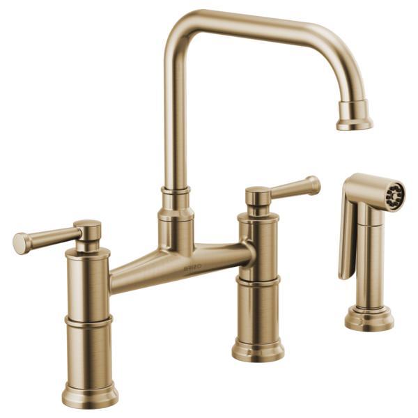 Brizo® 62525LF-GL Artesso® Bridge Kitchen Faucet With Side Spray, 1.8 gpm Flow Rate, 8 in Center, 360 deg Swivel Spout, Luxe Gold, 2 Handles, Domestic