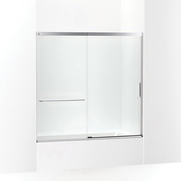 Kohler® 707609-6L-SH K-707609-6L Elate® Sliding Bath Door, 54-3/16 in H x 56-1/4 to 59-5/8 in W Opening, Frameless Frame, 1/4 in THK Glass, Bright Silver