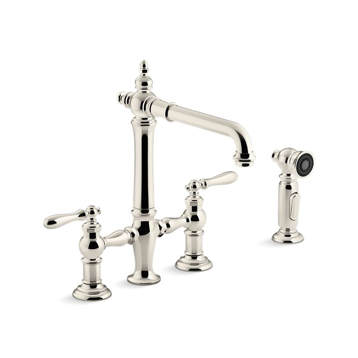 Kohler® 76519-4-SN Artifacts® Bridge Kitchen Sink Faucet, 1.5 gpm Flow Rate, 8 in Center, 360 deg Swivel Spout, Vibrant® Polished Nickel, 2 Handles