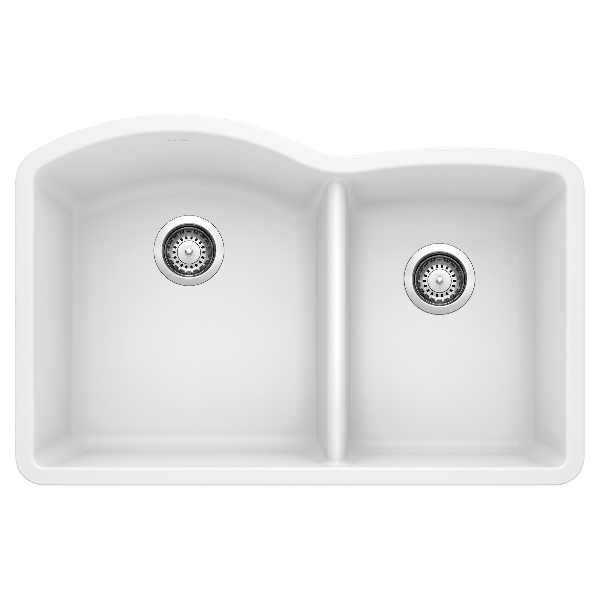 Blanco 440180 DIAMOND™ SILGRANIT® II Kitchen Sink, White, D-Shaped Shape, 16-1/2 in Left, 12-1/2 in Right L x 18-19/32 in Left, 16-13/16 in Right W x 9-1/2 in Left, 8 in Right D Bowl, 32 in L x 20-27/32 in W, Solid Granite