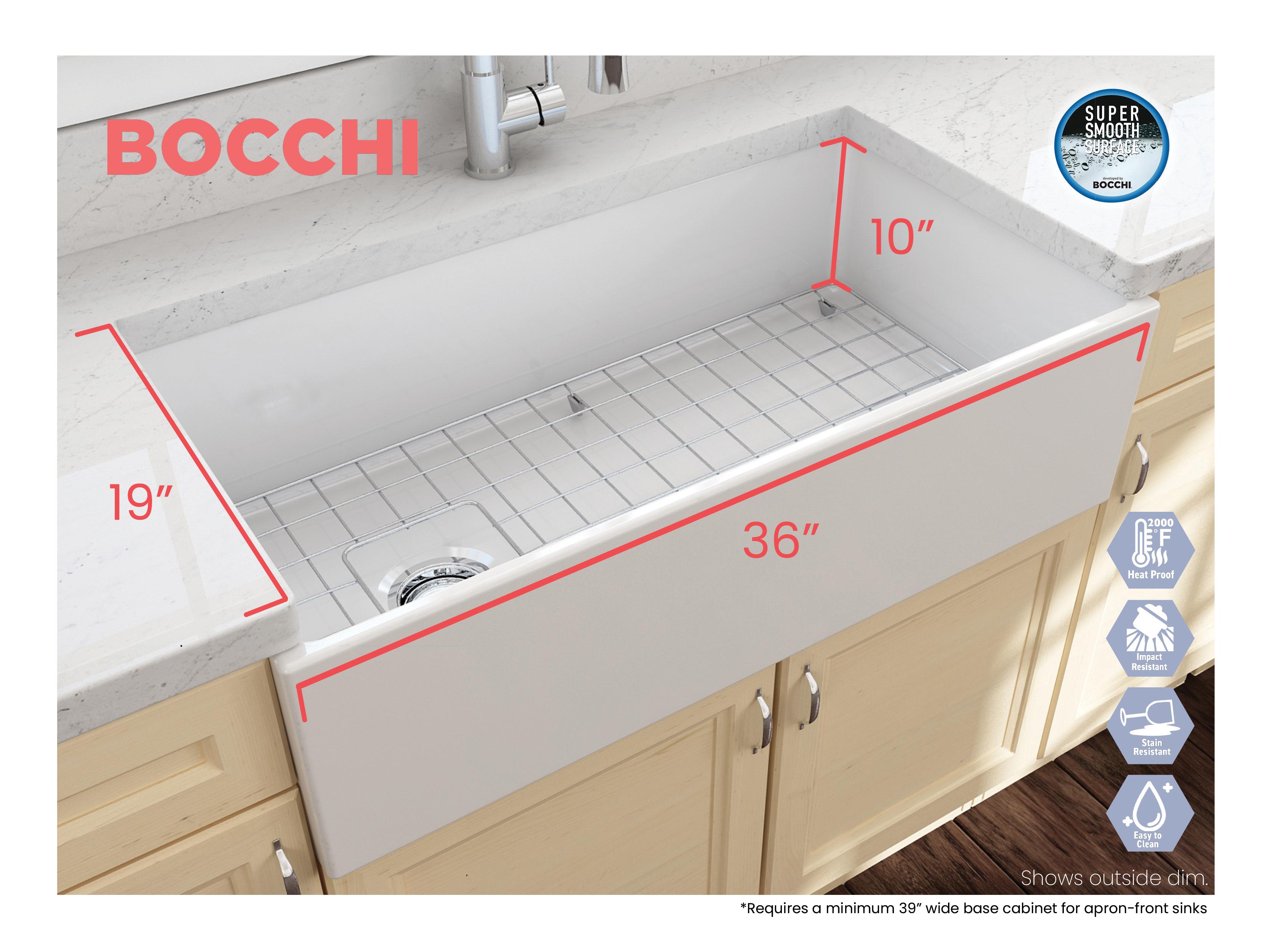 BOCCHI 1354-001-0120 Contempo Contemporary Kitchen Sink, Rectangle Shape, 10 in H x 19 in W x 36 in L, Fireclay, White, Import