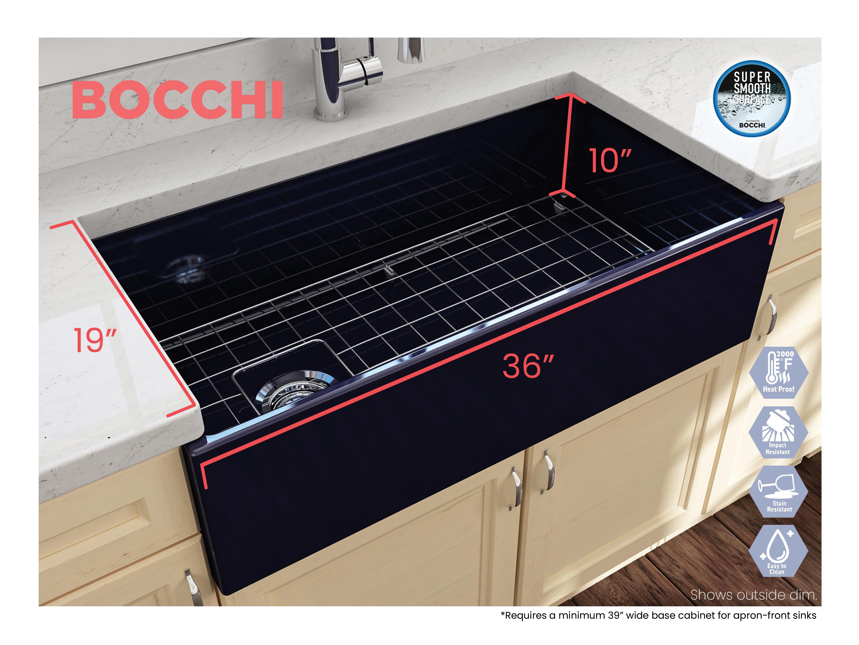 BOCCHI 1354-010-0120 Contempo Contemporary Kitchen Sink, Rectangle Shape, 10 in H x 19 in W x 36 in L, Fireclay, Sapphire Blue, Import